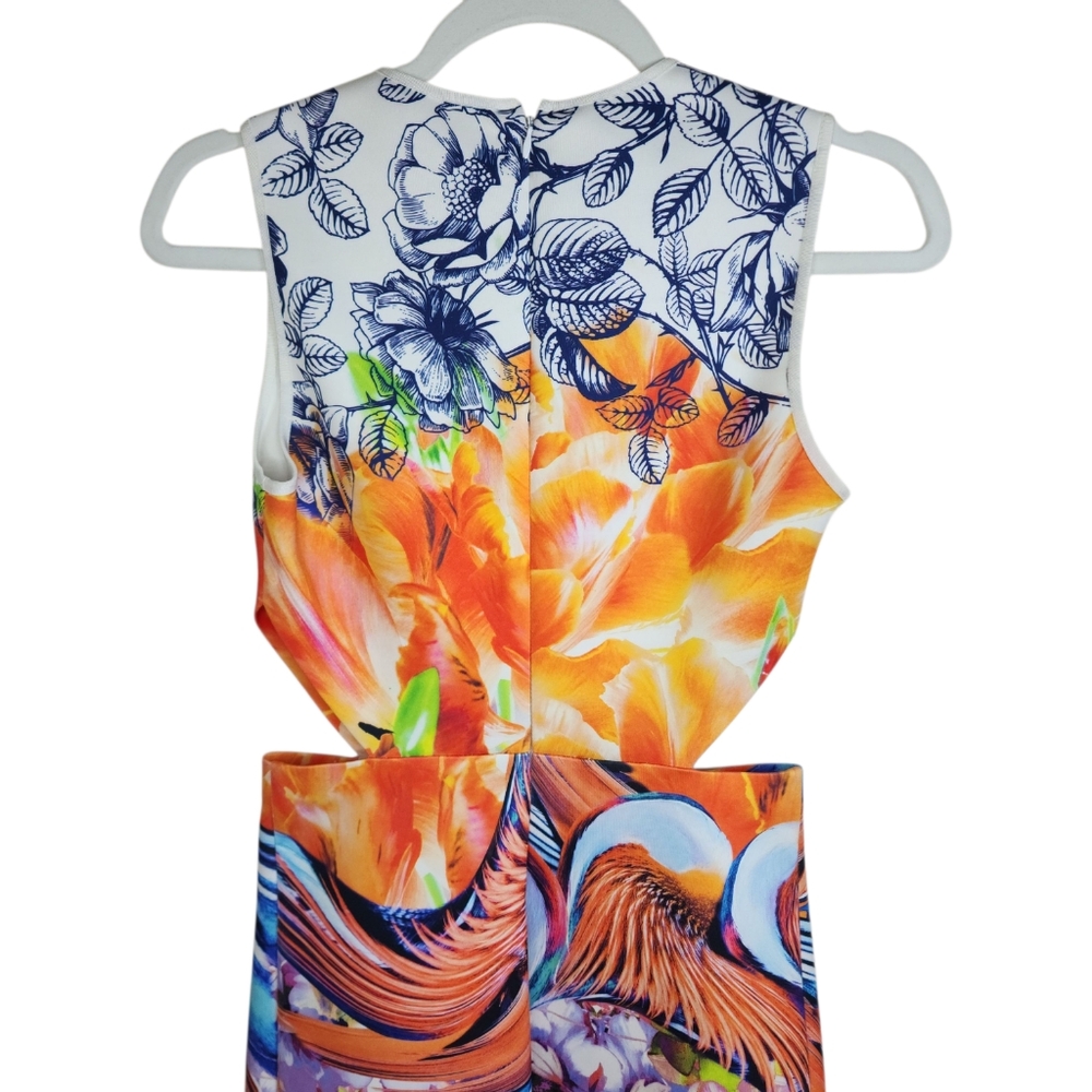 Clover Canyon Floral Bird Print Waist Cutout Midi Dress Blue Orange Size Small - Picture 7 of 15